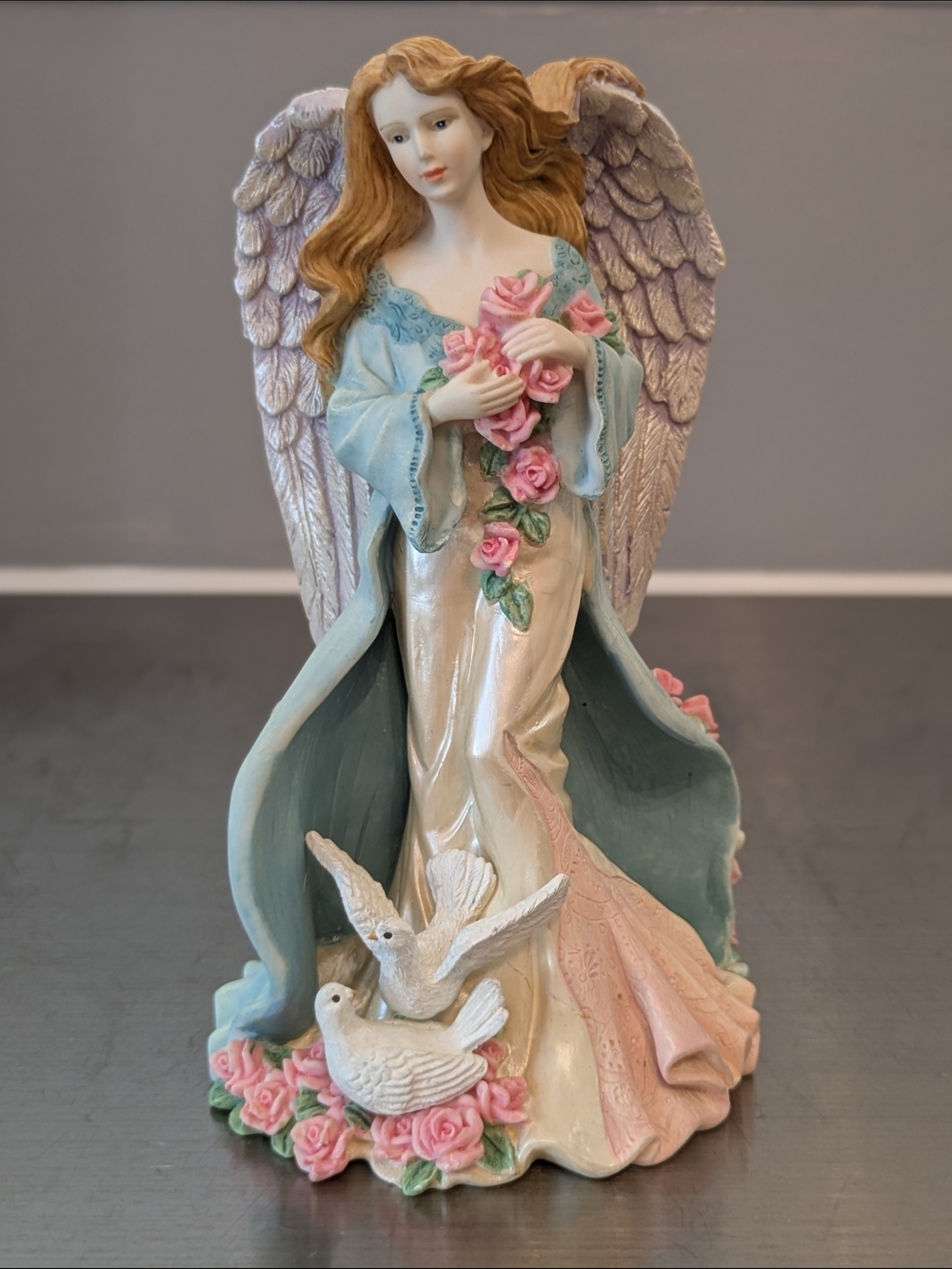 Hand-Painted Angel Figurine with Pink Roses and Doves